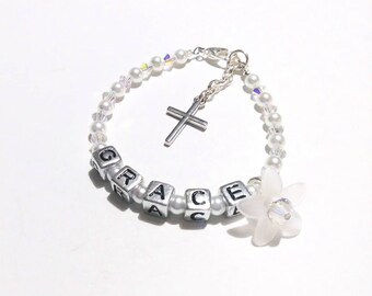 Baptism Gift, Baptism Bracelet, Personalized Baptism Bracelet, Baby Bracelet, Flower Girl Gift, First Communion Bracelet, Girls Bracelet