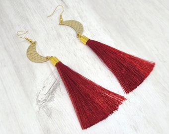 Gold Moon Earrings, Tassel Earrings, You Pick Color, Create your Own, Unique Earrings, Boho Earrings, Party Jewelry, Gift For Her, Custom