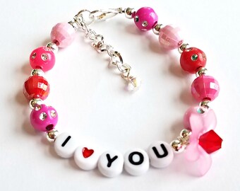 I Love You Bracelet, Valentines Day Bracelet, Kids Jewelry, Childrens Jewelry, Pink and Red Bracelet, Sweetheart Bracelet, Beaded Bracelet