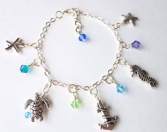 Ocean Charm Bracelet, Beach Bracelet, Sea Creatures Bracelet, Boho Charm Bracelet, Hawaii Bracelet, Beach Anklet, Gift for Beach Lover, Gift