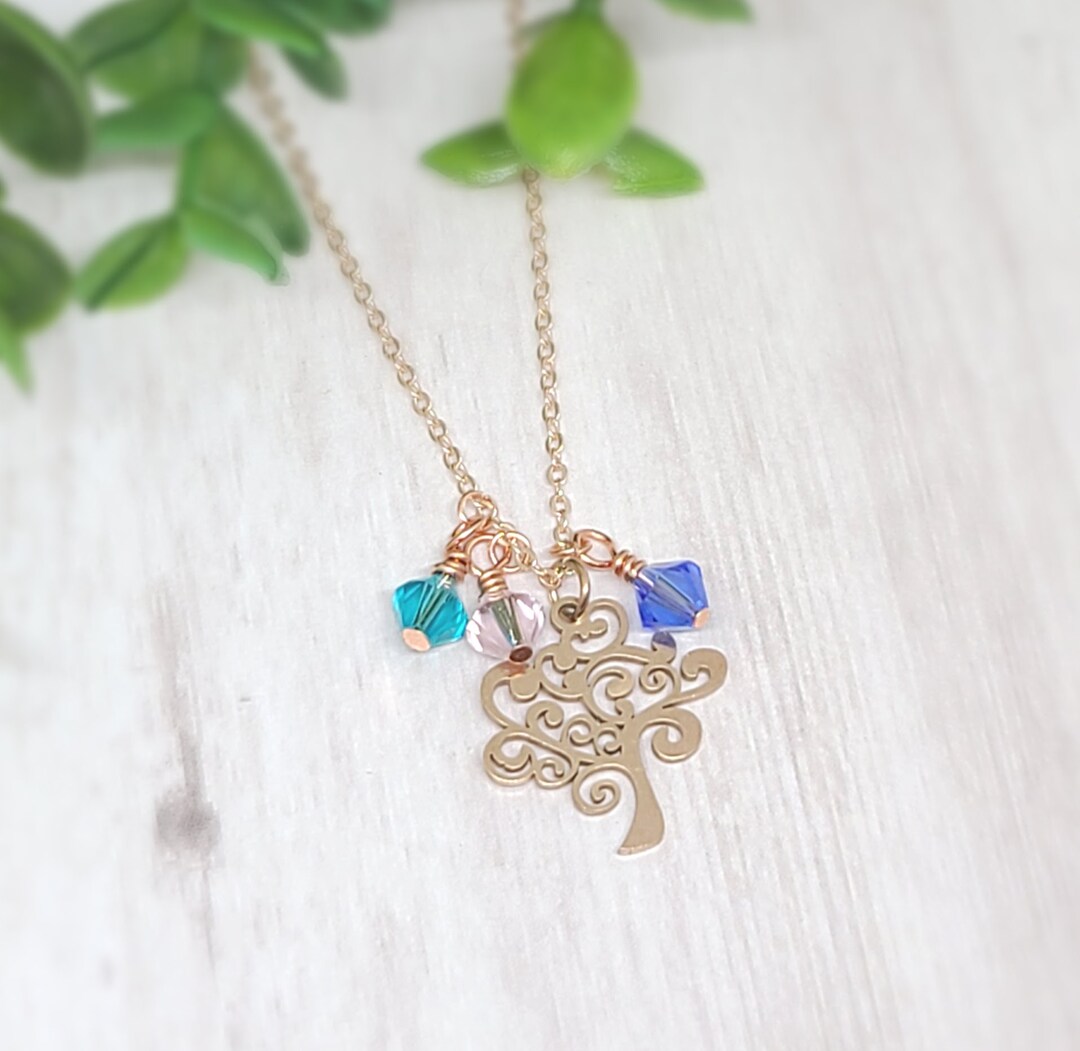 Rose Gold Family Tree Necklace, Family Tree Birthstone Necklace