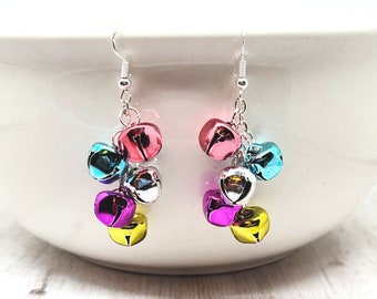 Jingle Bell Earrings, Multi Color Holiday Jewelry, Pastel Jingle Bell, Dangle Earrings, Co-Worker Gift, Holiday Jewelry, Festive Earrings