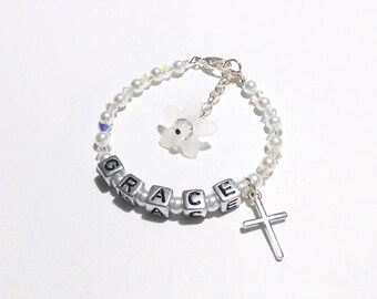 Baptism Bracelet, Personalized Baptism Bracelet, Name Bracelet, Custom Girls Bracelet, Pearl Bracelet for Girls, Cross Charm Bracelet, Gift
