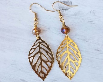 Gold Leaf Earrings, Boho Leaf Earrings, Autumn Leaf Earrings, Unique Earrings, Gift For Her, Dangle Earrings, Bohemian Jewelry, Filigree