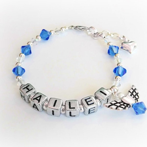 Angel Bracelet, Name Bracelet, Birthstone Angel Bracelet, Personalized Bracelet, Custom Girls Bracelet, Gift for Girls, Children's Jewelry
