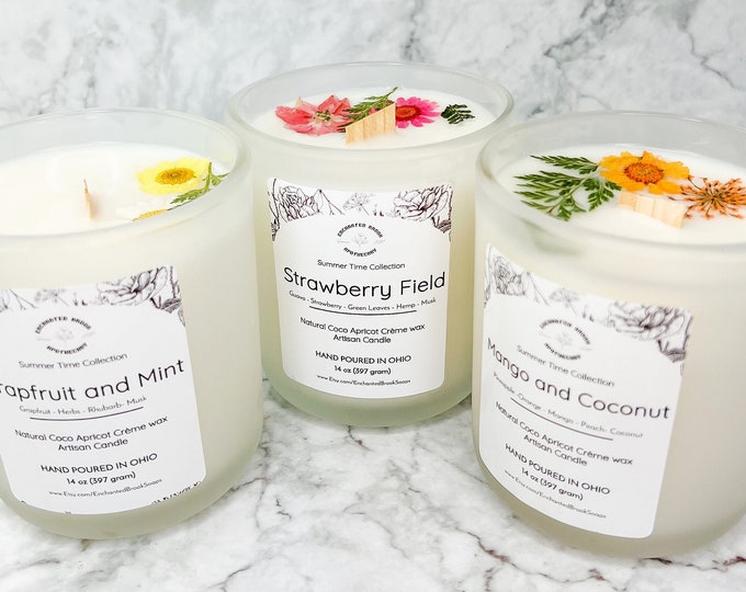 Summer Candles, Choose Your Scent Botanical Floral Gift 14 oz Candle, Large Coconut Wax Wooden Wick Candle, Luxury Coco Apricot Crème Wax