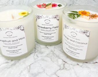 Botanical Summer Candle, Candle With Pressed Flower, 14oz Coco Apricot Wax, Wooden Wick,  Large Luxury Container Candle