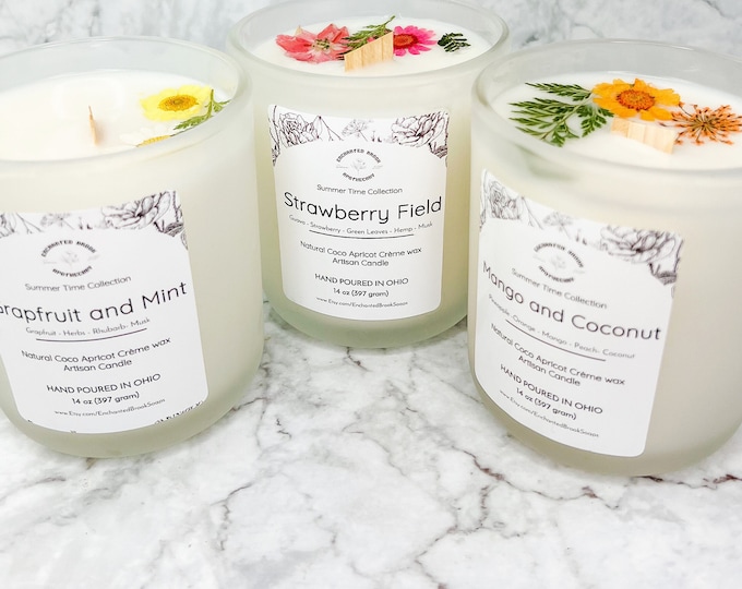 Summer Candle – Choose Your Scent Botanical Floral Gift, 14oz Wooden Wick Candle, Large Luxury Coco Apricot Crème Wax