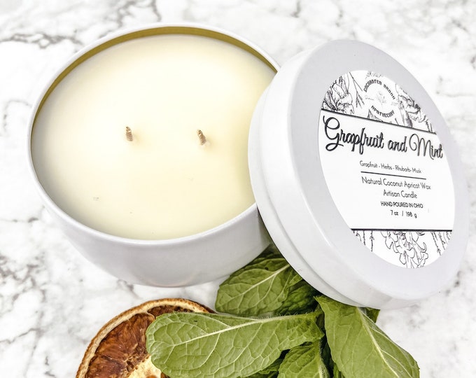 Grapefruit and Mint Coconut Wax Candle, Double wick Candle in White Tin Valentine's Day Gift, Summer Citrus Candle, Fruity Citrus Candle
