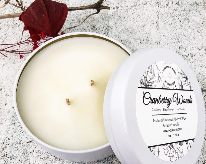 Cranberry Woods Coconut wax candle, Double wick Candle in White tin made with Luxury Coco Apricot Crème wax, Xmas gift