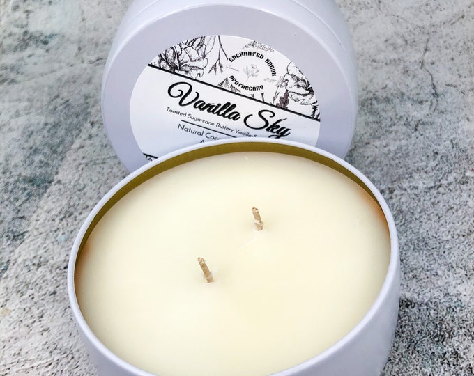 Vanilla Sky Coconut wax candle, Coconut Apricot wax Candle in White tin, Holiday Xmas gift, Cozy home décor, Double wick candle