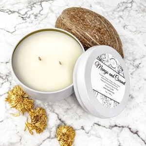 Mango and Coconut Double Wick candle, Candle in a White tin made with Luxury Coco Apricot Crème wax, Tropical Scent Candle, Back to School