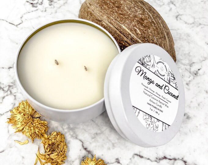 Mango and Coconut Double Wick candle, Candle in a White tin made with Luxury Coco Apricot Crème wax, Tropical Scent Candle, Back to School