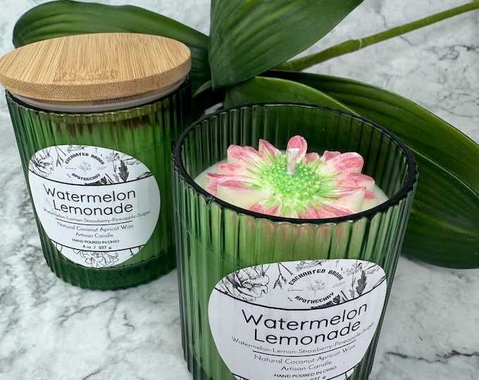 Watermelon Lemonade Candle, Green Textured Container, Fruity Summer Scented Candle, Floral Embed, Luxury Coconut Wax Candle, Boho Home Decor