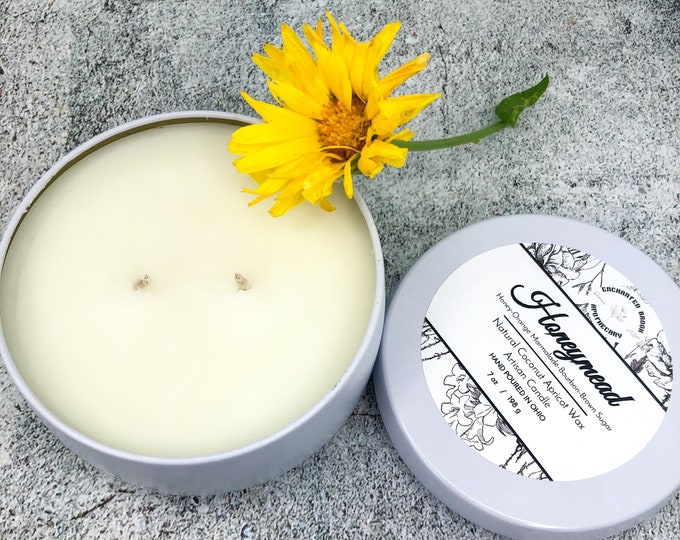 Honeymead Coconut Wax Candle, Double Wick Candle in White Tin Made With Luxury Coco Apricot Crème wax, Valentines Day gift, Gourmet Scent