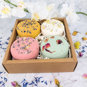 Variety Natural Bath Bombs Gift set, Gift under 35, Vegan Bath soak with petals, Flower Bath Fizzies, Gift for mom, sister, self care image 2