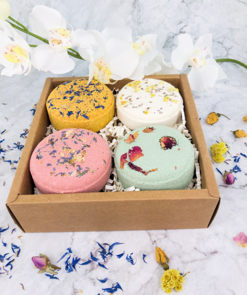 Variety Natural Bath Bombs Gift set, Gift under 35, Vegan Bath soak with petals, Flower Bath Fizzies, Gift for mom, sister, self care image 2
