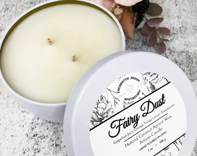 Fairy Dust Coconut wax candle, Double wick Candle in White tin made with Luxury Coco Apricot Crème wax, Holiday and Xmas gift
