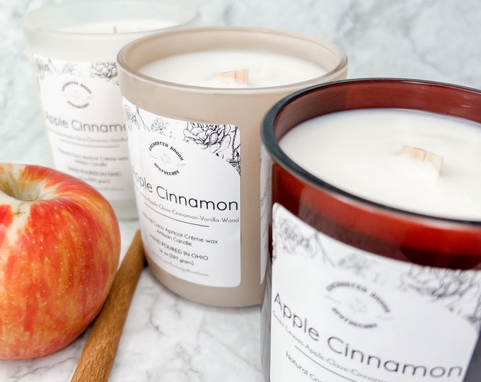 Apple Cinnamon Wooden Wick Luxury Coco Apricot Crème Wax Candle, Fall Collection, 14 oz Apple Harvest Gift Candle, Christmas Gift