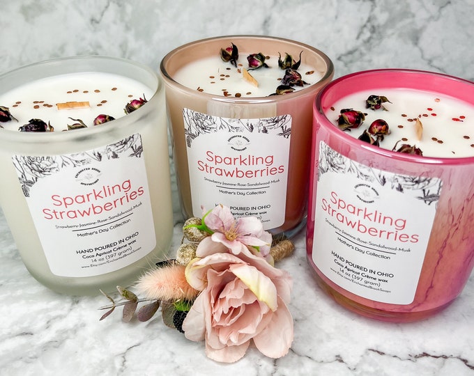 Wooden wick Luxury Coco Apricot Crème Wax "Sparkling Strawberry" candle, Mother's Day collection, Botanical Floral Gift 14 oz Candle