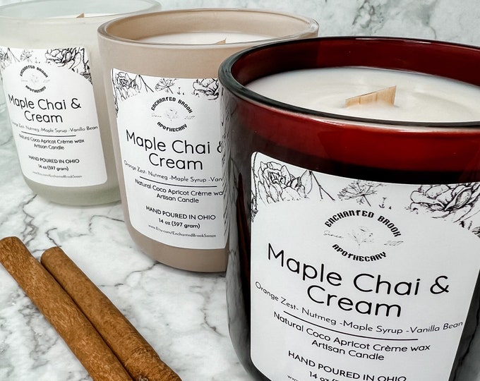 Maple Chai and Cream Wooden Wick Luxury Coco Apricot Crème Wax Candle, Fall Collection, 14 oz Pumpkin Spice Gift Candle, Christmas Gift