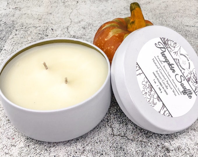 Double wick Candle in White Tin made with Luxury Coco Apricot Crème Wax, Pumpkin Soufflé Coconut Wax Candle, Valentines Day Gift, Fall Scent