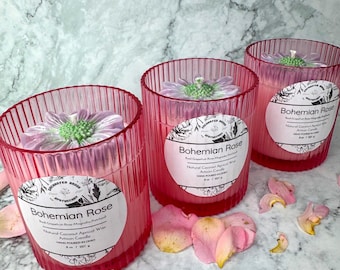 Bohemian Rose Candle in Pink Textured Container, Floral Summer Scented Candle with Flower Embed, Rose Magnolia Patchouli Scented Candle