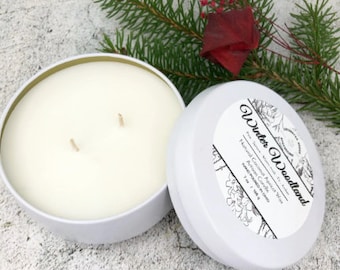 Winter Holidays Candle, Double Wick Candle in White Tin Made with Luxury Coco Apricot Crème wax, Winter Woodland Coconut Wax Candle, Xmas