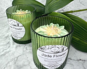 Jade Flower Candle, Fresh Home Scent, Textured Green Jar Candle, Floral Embed, Luxury Coconut Wax Candle, Boho Home Decor