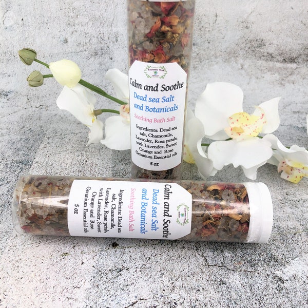 Dead Sea salt Detoxifying Bath Soak, Mineral Dead Sea Salt Bath Soak with Rose petals and Lavender buds scented with Essential oils