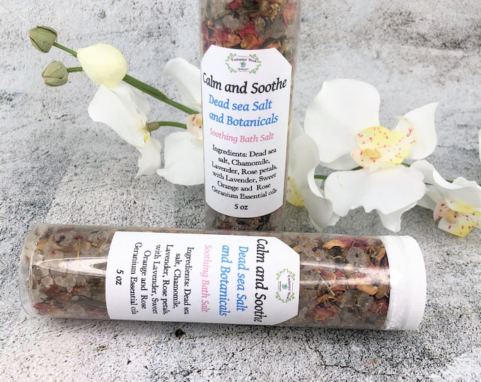 Dead Sea salt Detoxifying Bath Soak, Mineral Dead Sea Salt Bath Soak with Rose petals and Lavender buds scented with Essential oils