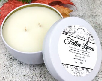 Fallen Leaves Coconut Wax Candle, Double Wick Candle in a White Tin Made With Luxury Coco Apricot Crème Wax, Hostess gift, Cozy Home Décor.