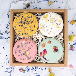 Variety Natural Bath Bombs Gift set, Gift under 35, Vegan Bath soak with petals, Flower Bath Fizzies, Gift for mom, sister, self care image 1