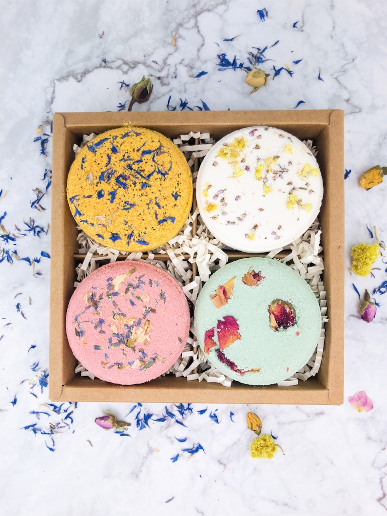 Variety Natural Bath Bombs Gift set, Gift under 35, Vegan Bath soak with petals, Flower Bath Fizzies, Gift for mom, sister, self care image 1