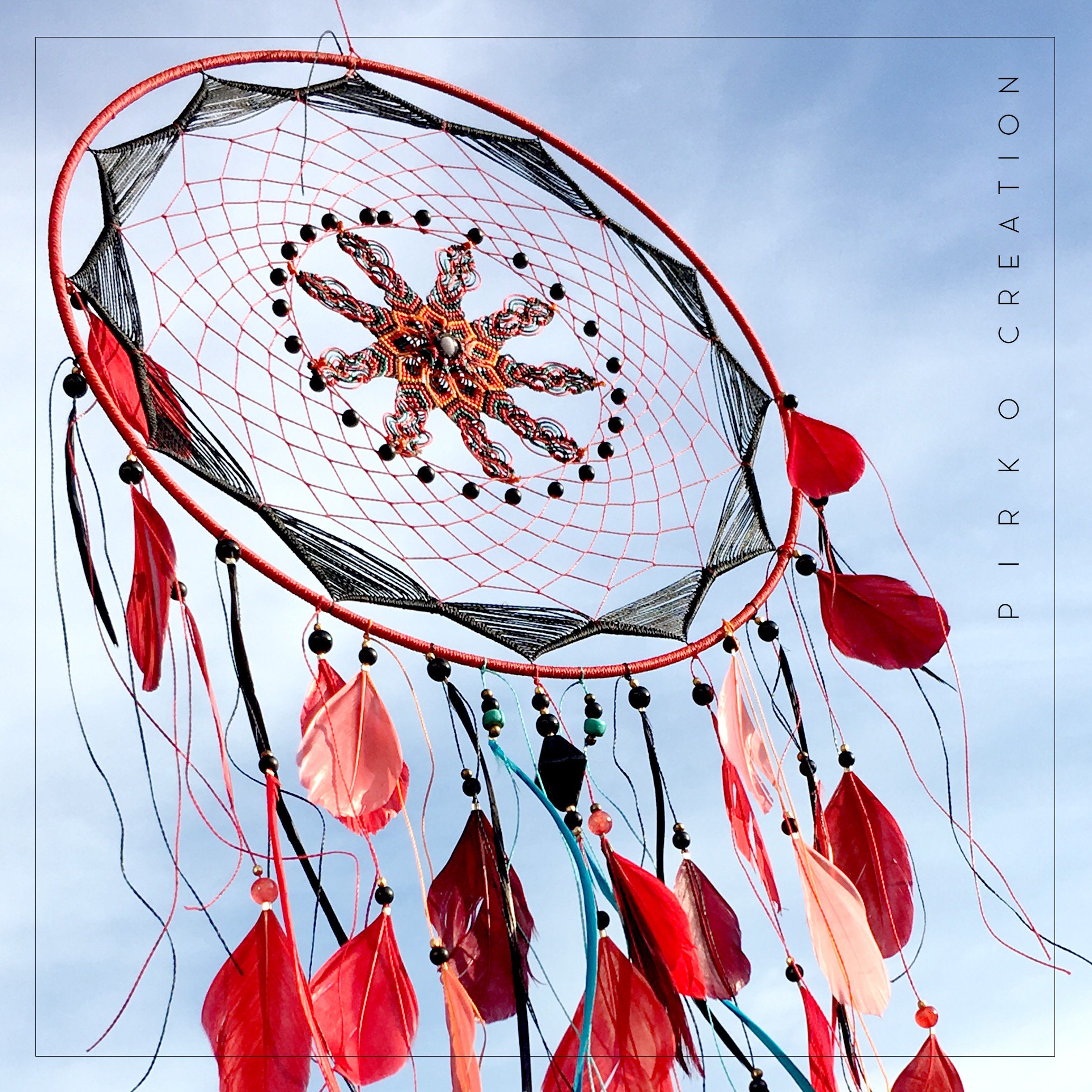 Attrape Rêve, Protectrice Dragon Rouge, Xl Dreamcatcher, Plumes Rouge et Turquoise