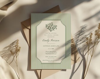 Invitación vintage para despedida de soltera en color verde salvia, invitación con temática de jardín botánico (descarga digital)