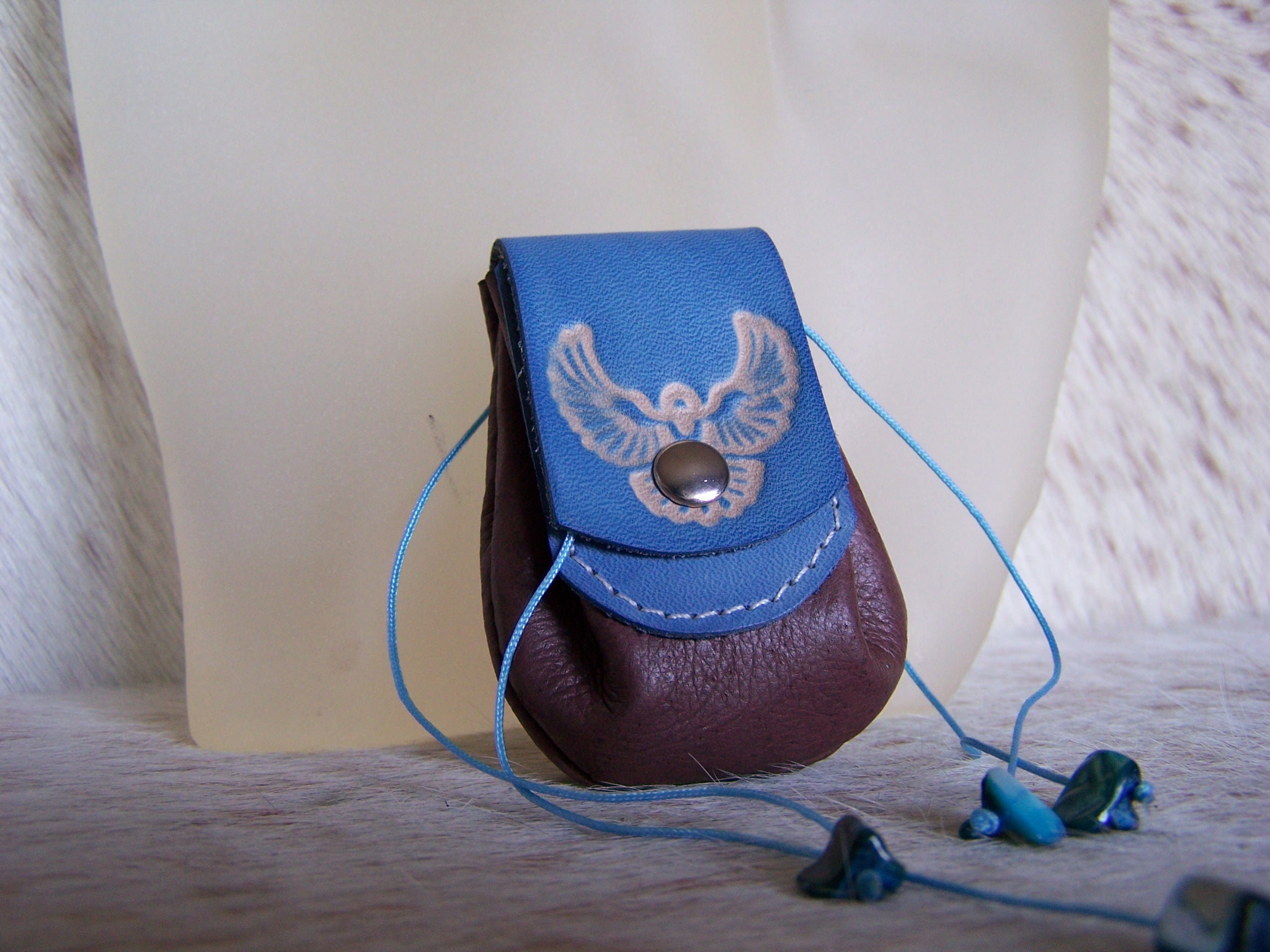 Bourse Protège Rosaire en Cuir Bleu et Brun