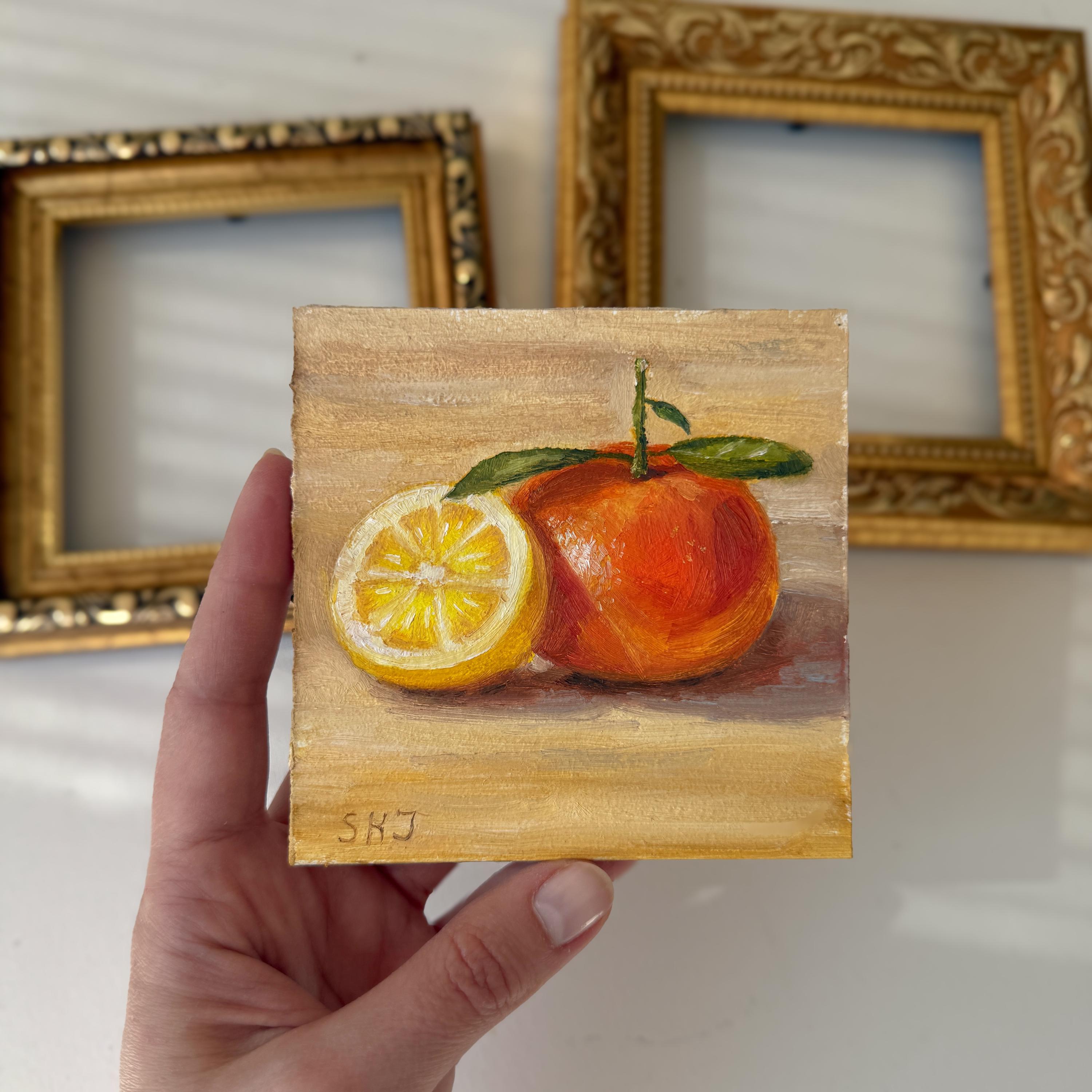 オレンジ、レモンの油絵 - 柑橘類のアート。フルーツの絵画、小さな