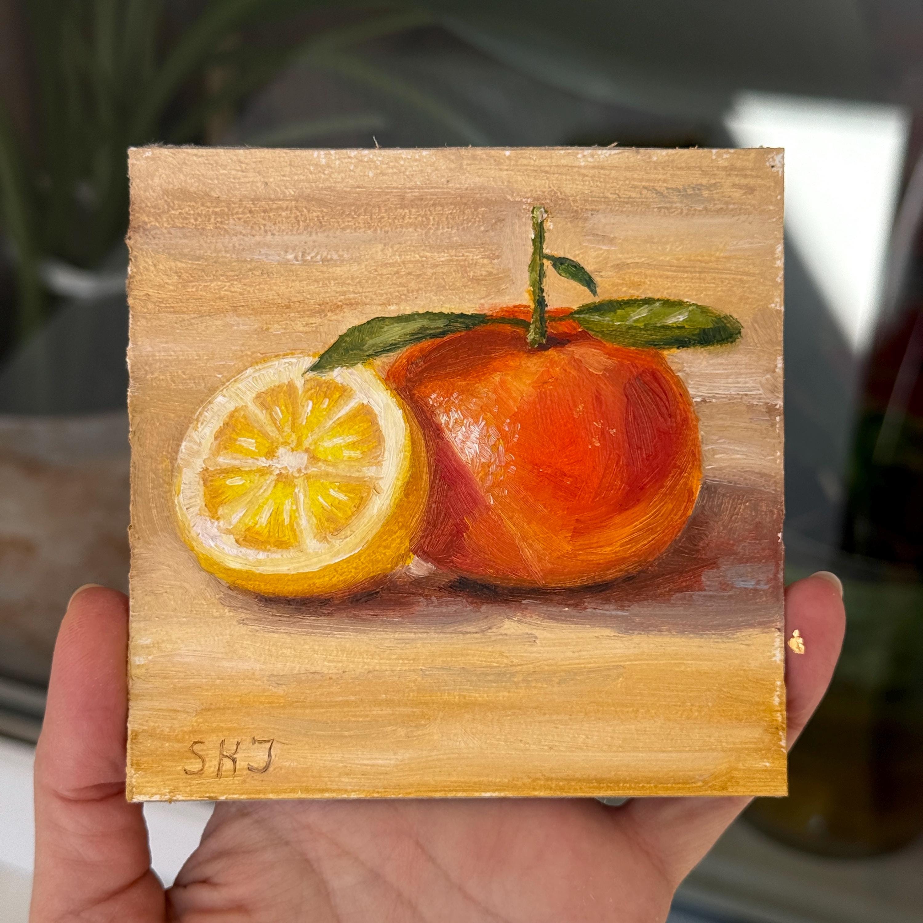 オレンジ、レモンの油絵 - 柑橘類のアート。フルーツの絵画、小さな