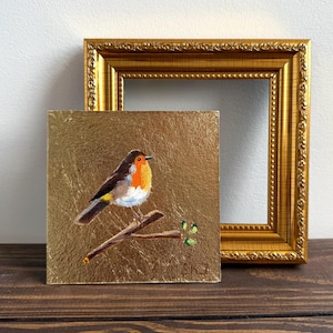 Robin Mini pintura a óleo emoldurada original 4x4 com folha de ouro Pequena pintura Robin arte Pintura a óleo original Decoração de sala de jantar Arte de pássaro