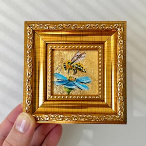 Tiny Bee Oil Painting with Gold Leaf - Framed Miniature painting Unique Gift for her, 2x2 Cutecore Small Honeybee kitchen art