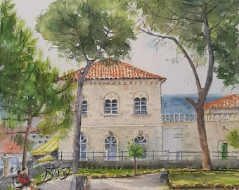 Original watercolor painting, Urban painting. Old Town Croatia. City wall art