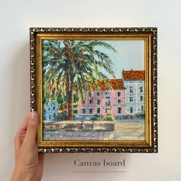 Croatia original Oil canvas painting - Cityscape Mini Urban art, Adriatic Landscape. Old Town Croatia, riviera. Small Living room painting!