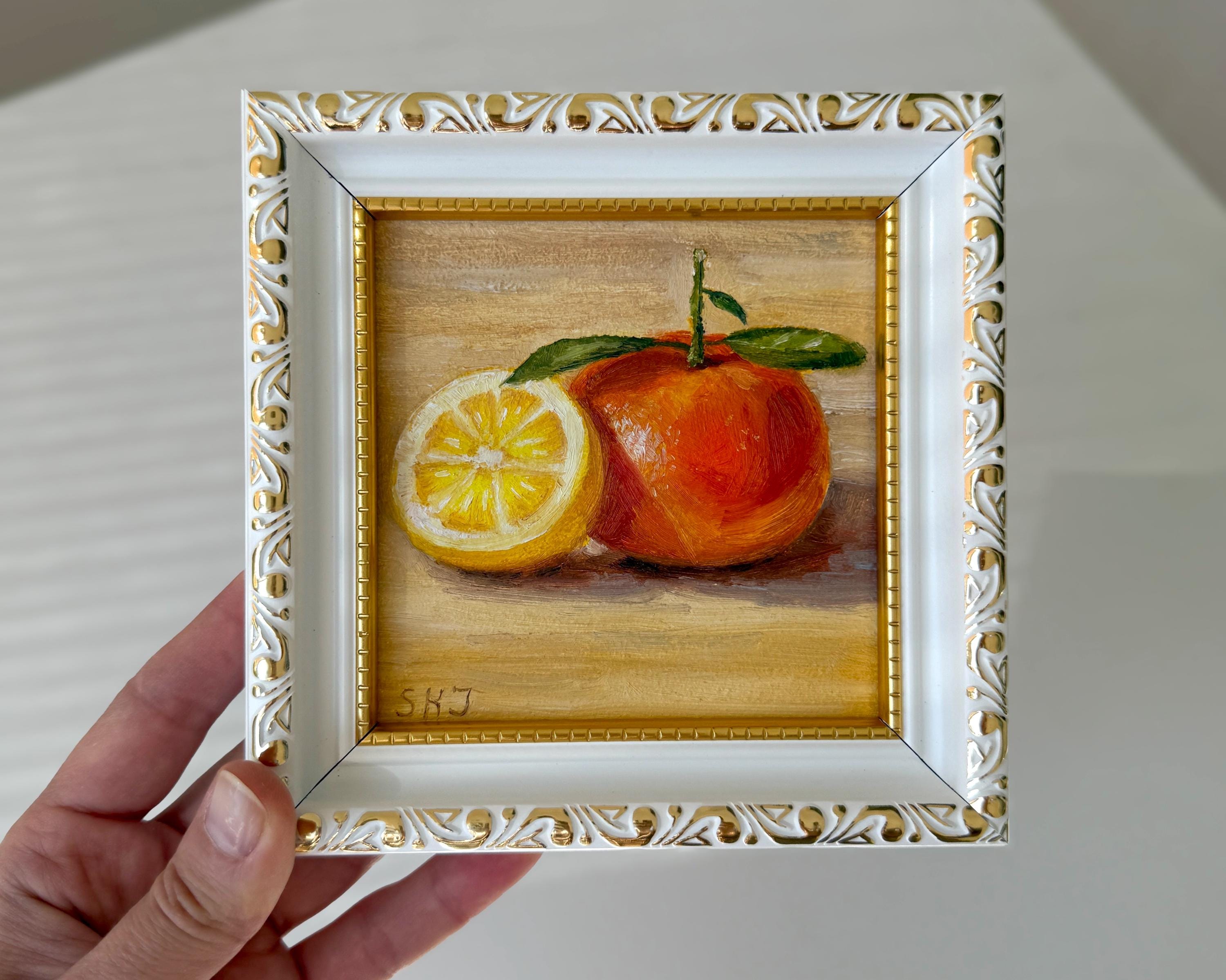 オレンジ、レモンの油絵 - 柑橘類のアート。フルーツの絵画、小さな