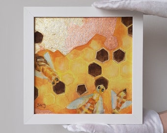 Honey Bees Small Oil Painting original with gold leaf, framed art. Hand Painted miniature on canvas. Honeycomb yellow bees. Bumble bee decor