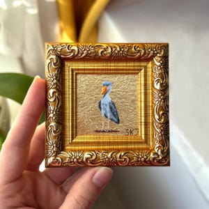 Shoebill Mini oil Painting framed original 2x2 with gold leaf - Tiny Shoebill stork art Original oil Nursery decor, bird art
