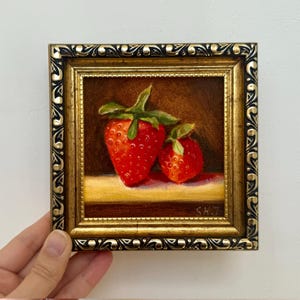 Peinture à l'huile rouge fraise, peinture de fruits - nature morte Petit art de cuisine, Peinture à l'huile originale dans un cadre, Mini peinture à l'huile Art des baies