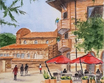 Original cityscape watercolor. Urban painting. Bulgarian painting, old town Nesebar