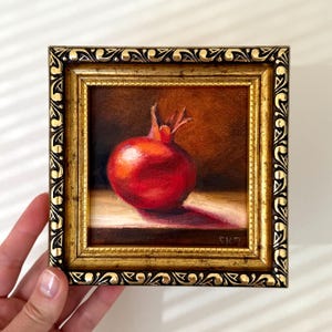 Pintura a óleo de romã, natureza morta de frutas, pequena arte de cozinha - Pintura a óleo original emoldurada, Mini pintura em negrito, arte de romã vermelha