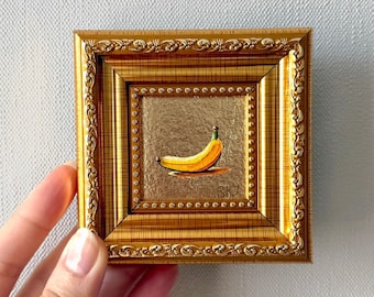 Ölgemälde mit Bananenblatt, Original-Mini-Kunstwerk, gerahmt, Fruchtgemälde, kleine Küchenwandkunst, süßes Geschenk für Feinschmecker, 2x2